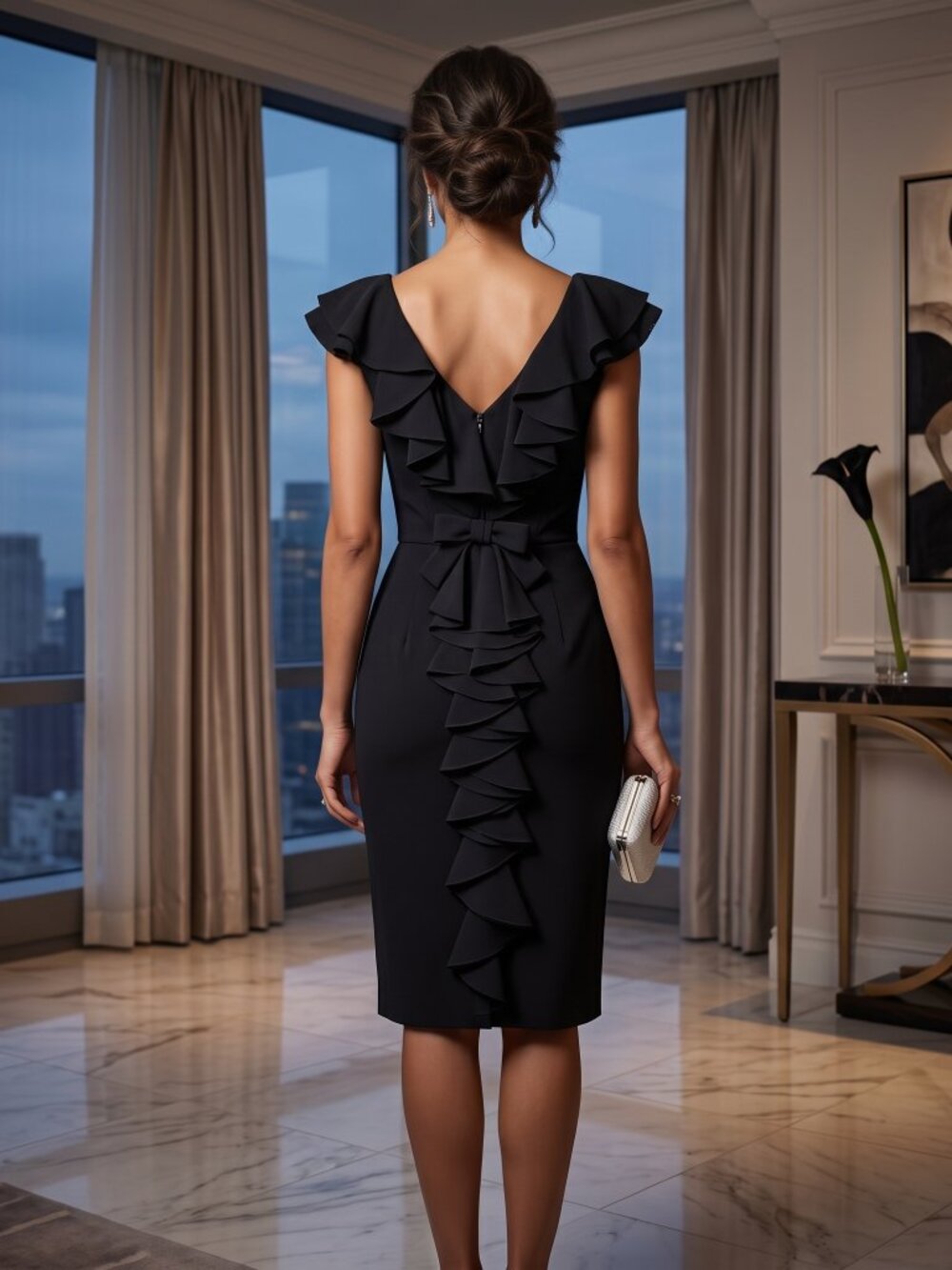 Vintage 1960s Elegant Black Ruffle back Dress